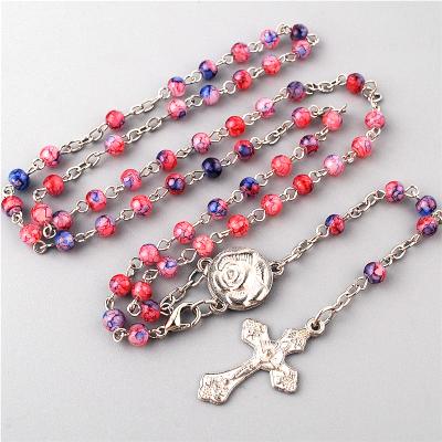 China Religious Crucifix Pendant 4mm Glass Imitate Cloisonne Beads Small Rosary Catholic Necklaces With Mini Virgin Mary Center Piece for sale