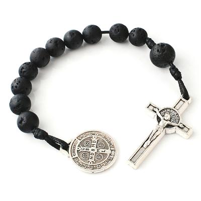 China Religious Catholic St Benedict Pendant Decade Bracelet 8mm Lava Stone Beads Pocket Rosary with Religious Crucifix for sale