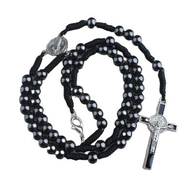 China Yiwu Kingme 6mm Religious Catholic Hematite Beads Attach Rosary With St Benedict Connector And Crucifix Pendant for sale