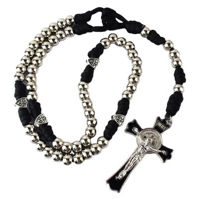 China 10mm Religious Metal Beads With Jerusalem Cross Shield Beads Large Catholic Paracord Rosary Religious Necklace for sale