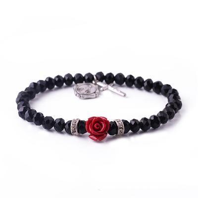 China Religious Religious Jewelry Catholic Beads Rosary Women Bracelet With Rose And Mini Cross On Elastic for sale