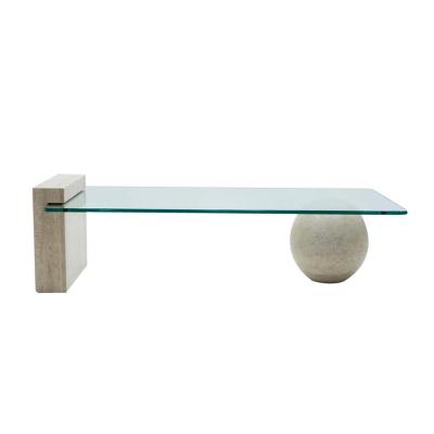 China Customized Furniture Stone Table Top Travertine Marble Beige Balls With Tempering Glass Top Coffee Table for sale