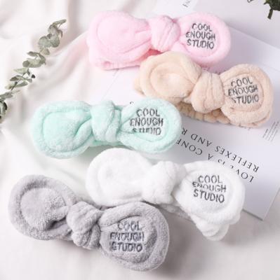 China European and American women girls style fluffy terry towel facial massage make up bow fur bath headband spa head bands makeup skin care wash headband with log for sale