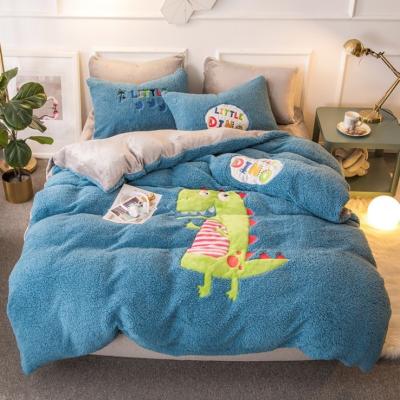 China Autumn And Winter Lamb Velvet Anti-Static Patch Embroidered Cartoon Four-piece Children's Duvet Cover 1.8m Warm Blue Bed Linen Bedding Sets for sale