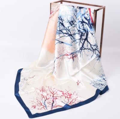 China Silk Scarves Customized Artificial Silk 90cm Branch Oil Painting Female Square Scarf Wholesale New Large Spring Silk Scarf for sale