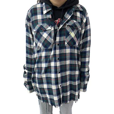 China Personality Anti-Shrink Stock Embroidery Shirts Flannel Plaid Oversized Blouses Distressed Shirts for sale