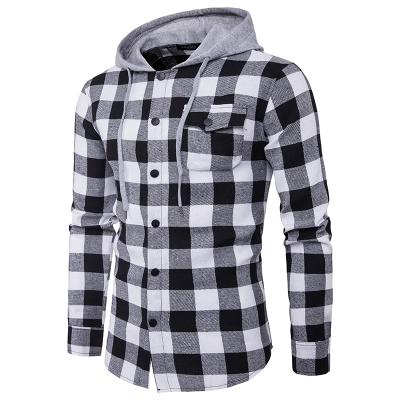 China Men Breathable Clothing Button Front Check Business Casual Hooded Shirt With Chest Pocket Plaid Shirt for sale