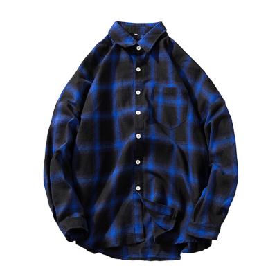 China Men's Casual Breathable 100% Cotton Quilted Plaid Pocket Long Sleeve Brushed Blue Cotton Flannel Shirt for sale