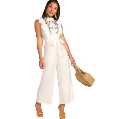 China Women's Breathable Sleeveless Overalls High Collar Jumpsuit With White Floral Pattern for sale