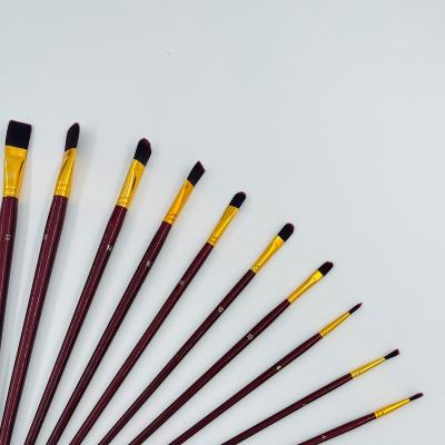 China 10Pcs Professional Oil Paint Handle Dark Red Wood Gold Aluminum Tube Nylon Hair Artist Oil Painting Brush Set for sale