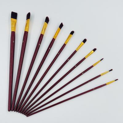 China Hot Selling Oil Paint 10Pcs Amazon Tube Gold Aluminum Tube Dark Red Wooden Handle Nylon Hair Artist Oil Painting Brush Set for sale