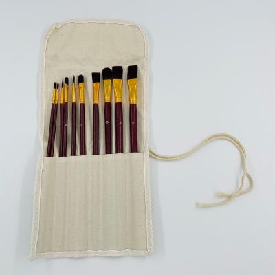 China 10Pcs Professional Oil Paint Handle Dark Red Wood Gold Aluminum Tube Nylon Hair Artist Oil Painting Brush Set for sale