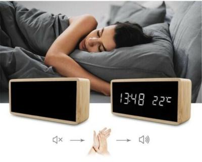 China Digital Projection Alarm Clock Temperature Bamboo Wooden Colorful Desk Back Calendars Bedroom Electronic Table LED Clock for sale