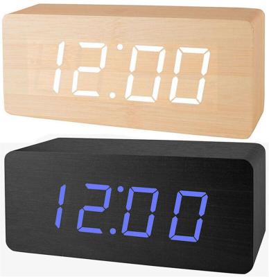 China Wholesale Cheap Calendars Display Time-Temperature Rectangle Electronic Digital Pendulum LED Desktop Wooden Alarm Clock With Sound Control for sale