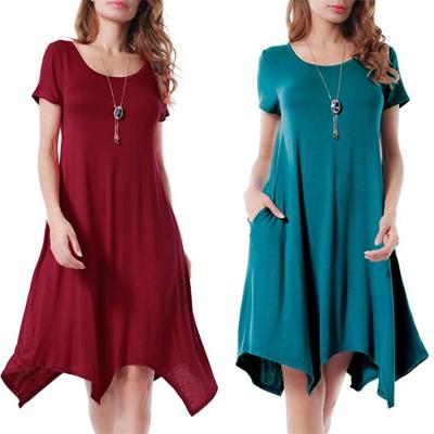 China 2021 New Guaranteed Irregular Round Neck Solid Color Anti-wrinkle Quality Fall Short Sleeve Dress for sale