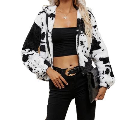 China Anti-wrinkle Factory Directly Supply Casual Cardigan Cow Wool Hoodie Print Women Lamb Fleece Jacket for sale