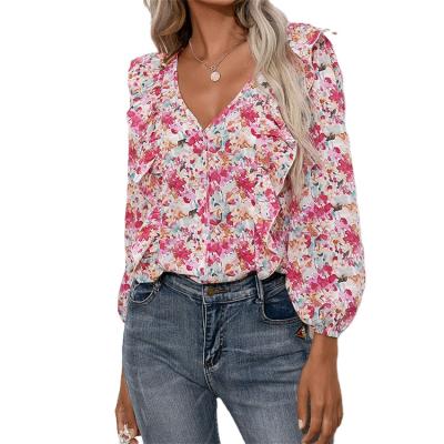 China Various Women's Floral Print Anti-Shrink Front Tie Long Sleeve Button Top Fit Casual Top Shirt Ladies V-Neckline for sale