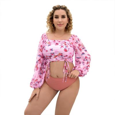 China Breathable Two Pieces Lace Up Plus Size Swimsuit For Swimwear Women Bikini Fashion Long Sleeve Underwear Pool Beach for sale