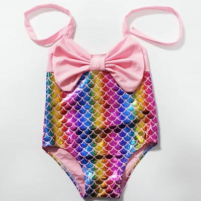 China Mermaid 2021 Breathable Amazon Bling Shiny Jumpsuit Beach Halter Swimwear Toddler Babies One Piece Swimwear With Bow for sale