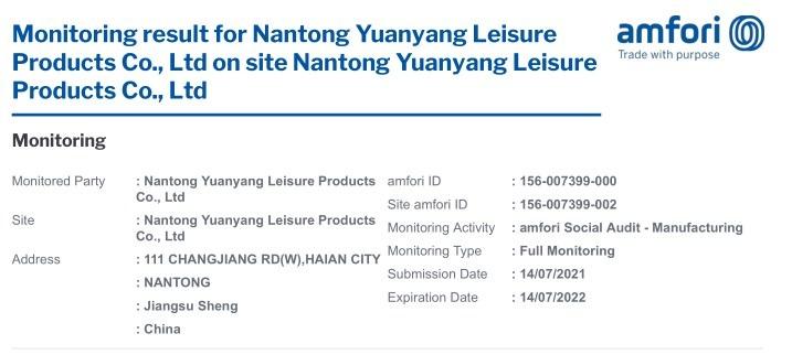 BSCI - Nantong Yuanyang Leisure Products Co., Ltd.