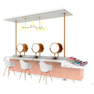 China Hot Selling MDF Nail Polish Salon Kiosk Display Fixtures Makeup Bar Display Table With Mirror Furniture Shelf Design for sale