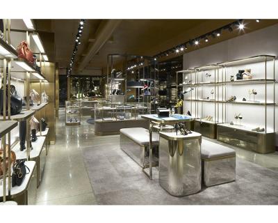 China Modern MDF+Stainless steel+Tempered Glass Shoe Shop Decoration Ideas And Handbag Shop Interior Design for sale