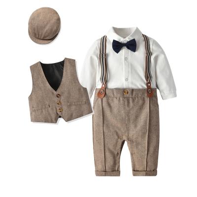 China Cozy Baby Clothes Wholesale OEM Cheap Price European England Clothing Baby Boy Set 3pcs Overalls Vest Coat Beret Hat Infant Baby Clothes for sale