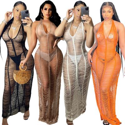 China New Ladies Summer Custom Women's Style Nightclub Fashion Lace Up Sexy Halter See Through Beach Dress Knitted European Clothing for sale