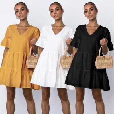 China 2022 Women Solid Ruffle Comfortable And Breathable Elegant Office Ladies Dresses V-Neck Daily Casual Ruffle Half Sleeve for sale