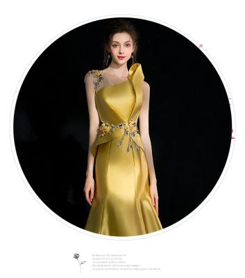 China 2022 Cheapest Yellow Crystal Beaded Tassel Sleeveless Off Shoulder Mermaid Party Ball Gown Wedding Anti-wrinkle Satin Evening Dresses 2022 for sale