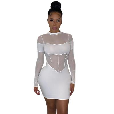 China Latest Anti-Wrinkle Dress Designs For Ladies Mesh Night Clubwear Sexy Sleeve O Neck Bodycon See Through Dress Transparent Patchwork Long for sale