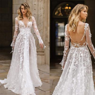 China 2022 Fashion Hot White Sexy Deep V Neck Lace Backless Sale Anti-Wrinkle Long Sleeve Bridesmaid Dresses Wedding Dress Bridal Gowns for sale