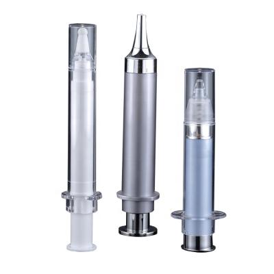 China Recycable 10ml 15ml Cosmetic Syringe Shaped Airless Pump Bottle For Eye Cream Injection Tube Bottle for sale