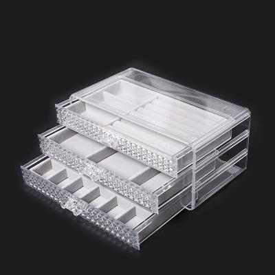 China Clear Acrylic Velvet Box Tray Necklace Earring JewelryStorage Goods 3 Drawers Packaging Jewelry Display Organizer For Bedroom for sale