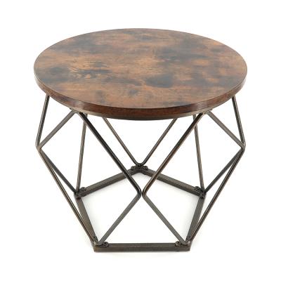 China High quality distressed antique minimalist nightstand bedroom bedside coffee table wooden geometric metal base top for sale