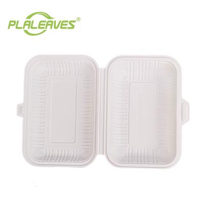 China Minimalist PLALEAVES Cornstarch Clamshell Box Food Packaging Disposable Hot Dog Box 600ml For Party And Restaurant for sale