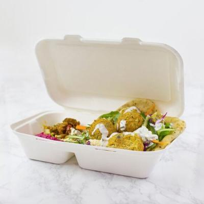 China Wholesale Biodegradable/Microwavable/Waterproof & Oilproof Disposable Sugarcane Bagasse 2 Compartment To Go Food Container For Caterer for sale