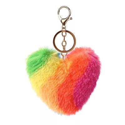 China Multicolor Imitation Heart Valentine's Rainbow Plush Rabbit Fur Plush Heart Key Chain Mosaic Bag Accessories Car Pendant Ornament for sale