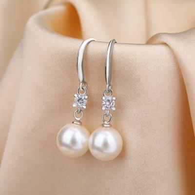 China Nickel Free Lead Free S925 Sterling Silver Earrings Jewelry Long Micro Pave Zircon Pearl Ball Drop Earrings For Wedding Bridal for sale