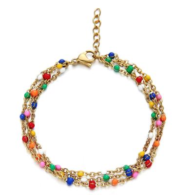 China Hot Selling Lead Free Nickel Free Design 18K Gold Plated 316L Stainless Steel Multi Colored Beaded Anklet Chain Beaded Anklet Chain for sale