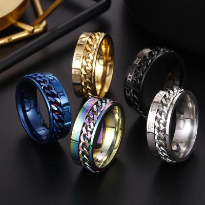 China Wholesale Creative Casual/Sports Roman Number Titanium Steel Ring Five Colors Rotating Link Chain Rings for sale