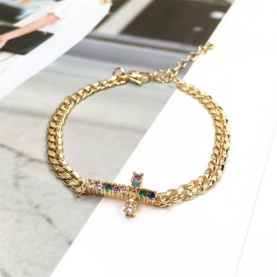 China Nickel free; CI Lead Free Fashion 5mm Gold Plated Chain CZ Cuban Cross Bracelet Colorful Zircon Cuban Chain Cross Bracelet for sale