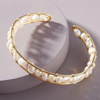 China 2020 Natural Pearl Lead Free Nickel Free European Simple Trendy Open Bangle White Pearl Wire Wrapped Bangle Copper Bangles for sale