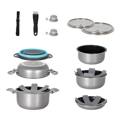 China Sustainable Cookware 9pcs Wholesale Aluminum Nonstick Set Cooking Pot and Pans with Detachable Handle for sale