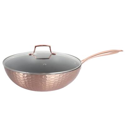 China 2020 NEWEST SUSTAINABLE ROSE GOLD COLOR HAMMERED ALUMINUM COOKWARE NON STICK WOK PAN WITH GLASS LID for sale