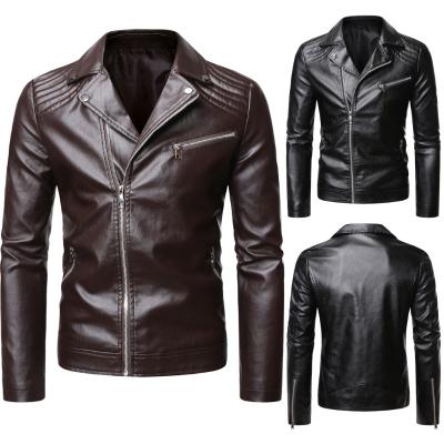 China Waterproof 2020 European Mens Wear Lapel Diagonal Zipper Leather Jacket for sale