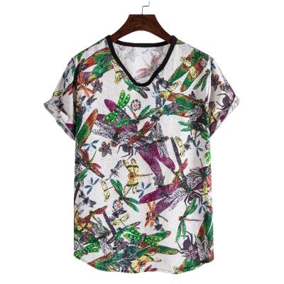 China Summer Breathable Men's Custom V-Neck Fashion Hawaiian Print T-Shirt for sale