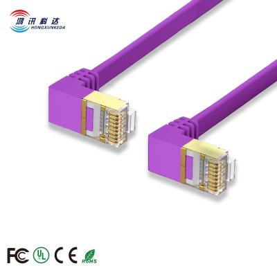 China Bare Copper Hongxun Keda 90 Degree Flat Cable CAT6 Standard 32AWG Copper Conductot Short Shield Rj45 Right Angle Patch Cord for sale