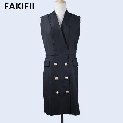 China 2022 High-End Quality Solid Black Women's Anti-Wrinkle Midi Dresses Summer Career Formal Sleeveless Buttons Dress Wholesale Custom Made From Fakifii for sale