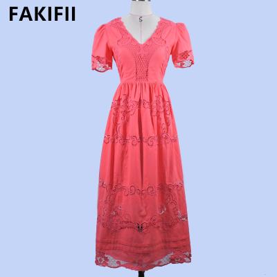 China Anti-Wrinkle Women Dress Elegant Dresses High Quality Cotton Pink Hollow Out Dress 2022 Summer Fashion Embroidered Casual Long Dresses for sale